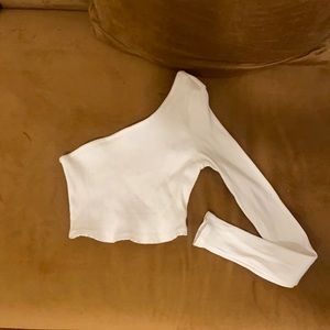 One Shoulder Single Sleeve White Ribbed Crop Top XS